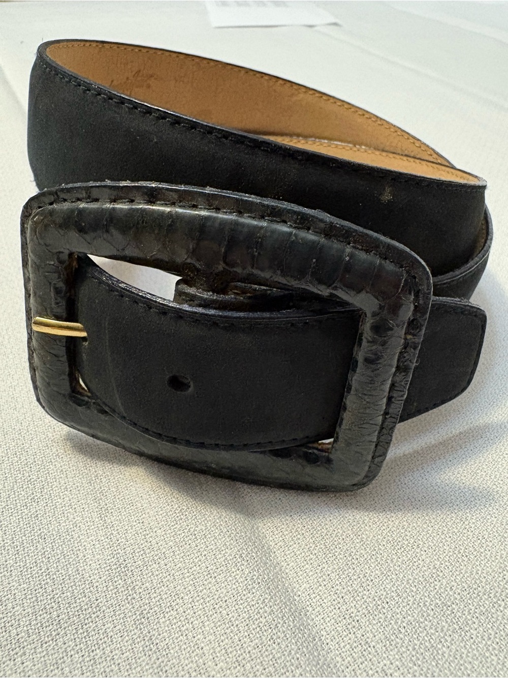 Jacqueline Ferrar Black Leather Belt with Textured Snake Skin Buckle Accent- M